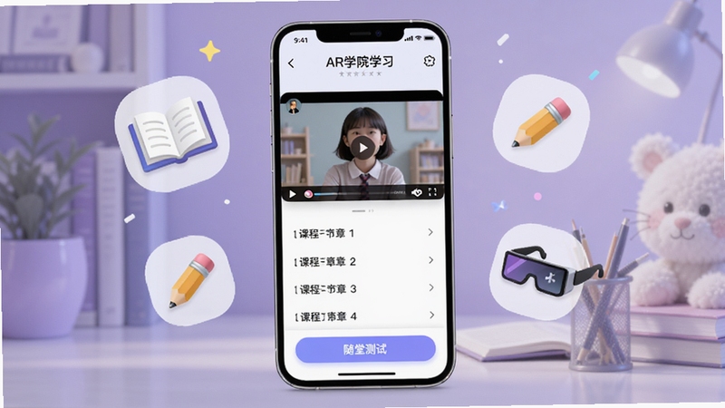 ARѧԺ�γ�ѧϰҳ�棬�ֻ���Ļչʾ��Ƶ���Ž��棬�·��пγ��½��б������ò��԰�ť����Ļ�Ա�Ư�����鱾��Ǧ�ʺ�AR�۾���ͼ�꣬����Ϊ����ɫѧϰ��Χ���������������ʺϽ�����Ӧ��չʾ������Booguģ������