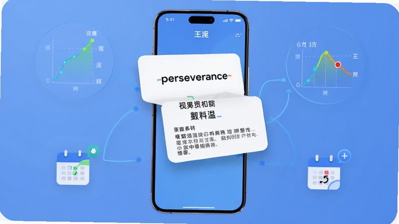 Ӣ�������ܴʻ���书�ܽ��棬�ֻ���Ļ��ʾ���ʿ�Ƭ��תЧ����������Ӣ�ĵ��ʡ�perseverance����������������������䣬��Χ�����ż�������ͼ���ʹ�����ͼ�꣬����Ϊ����ɫ���䣬�����Ƽ��С�