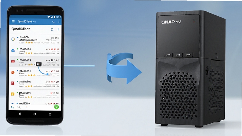 һ����׿�ֻ���һ̨ QNAP NAS �豸����չʾ���ֻ���Ļ����ʾ QmailClient �ʼ��б����棬NAS �豸��������ͬ����ͷͼ�꣬����Ϊ��Լ�ĿƼ����ҽ��䣬ͻ���ƶ����� NAS Эͬ�����ʼ��ĳ��������� Boogu ģ������