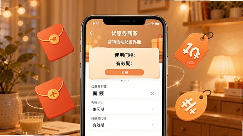 �������̼Ұ�Ӫ������ý���ʾ��ͼ����������Ϊ�ֻ���Ļչʾ�Ż�ȯ����ҳ�棬������ʹ���ż�����Ч�ڵ��������Χ���ƺ�����ۿ۱�ǩ��Ӫ��Ԫ��ͼ�꣬����Ϊůɫ����ܰ��Χ������Booguģ������