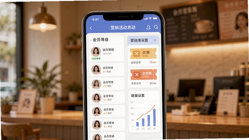 荟生意商家版会员管理界面展示,画面中央为手机屏幕内呈现会员列表与营销活动设置面板,背景区域为温馨的店铺内景虚化,画面细节包含会员等级标签、优惠券图标与数据图表,整体色调柔和,突出精准营销与客户关系维护的主题