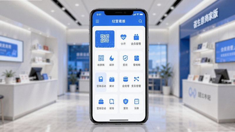 荟生意商家版应用主界面全貌展示,画面中央是手机屏幕内呈现商家经营数据看板与功能图标矩阵,背景区域为简约的现代化商铺场景虚化处理,整体色调以蓝白色为主,突出商务科技感与实用性,画面细节包含收款码、会员管理、营销活动等模块入口