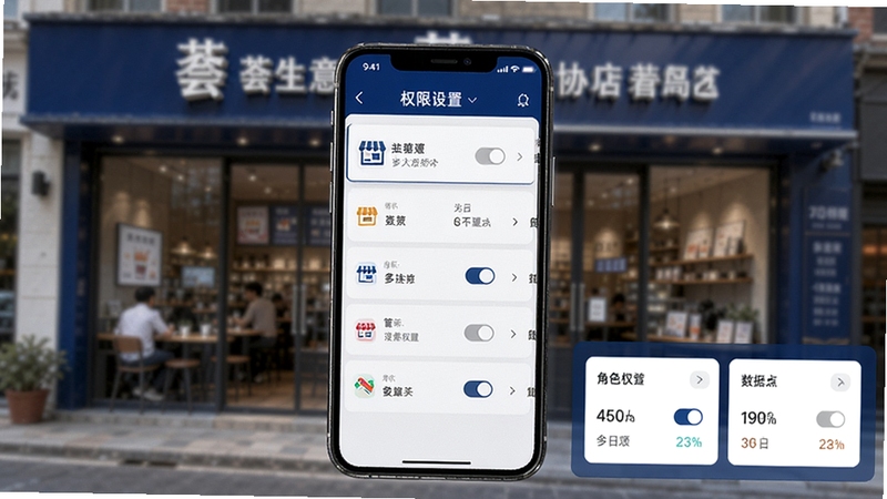 荟生意商家版多门店管理功能展示,画面中央为手机屏幕内呈现多门店切换列表与权限设置面板,背景区域为连锁店铺门面虚化,画面细节包含不同门店图标、角色权限开关与数据汇总卡片,整体色调以深蓝与白色为主,突出连锁管理与协同办公的商务感