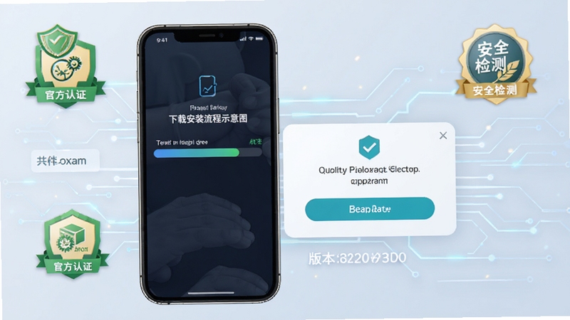 荟生意商家版下载安装流程示意图,画面主体为手机屏幕显示下载进度条与安装确认弹窗,背景区域为简约的科技线条装饰,画面细节包含官方认证标识、安全检测徽章与版本号信息,整体风格清晰直观,突出安全下载与便捷安装的主题