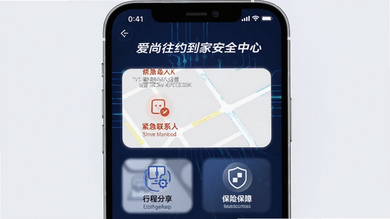 爱尚往约到家安全中心界面,手机屏幕显示紧急联系人设置、行程分享和保险保障图标,背景为深蓝色科技感风格,强调安全防护