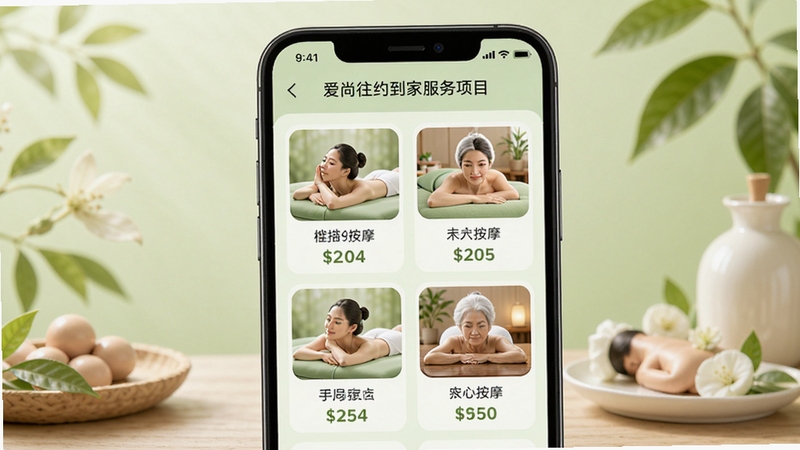 爱尚往约到家服务项目选择界面,手机屏幕展示多种按摩SPA项目图标和价格,背景为浅绿色自然风格,体现健康养生理念