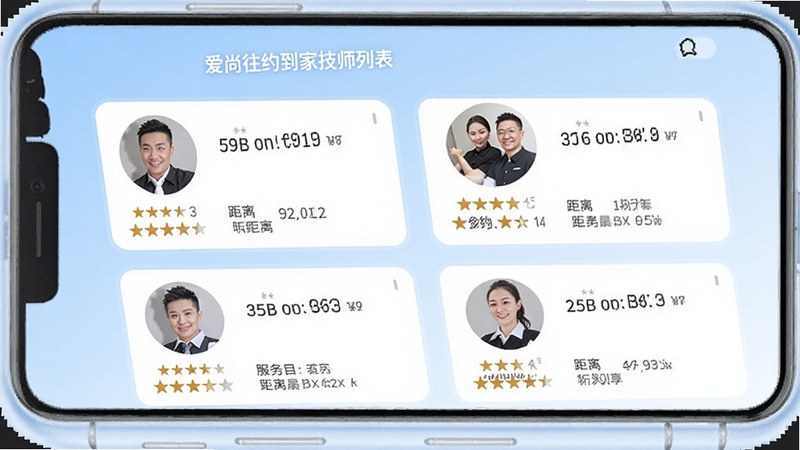 爱尚往约到家技师列表界面,手机屏幕显示多位技师卡片,包含头像、评分、距离和服务项目,背景为淡蓝色渐变,风格清新专业