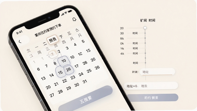 爱尚往约到家预约下单页面,手机界面显示日历选择、时间轴和地址输入框,背景为柔和米白色,突出便捷操作流程