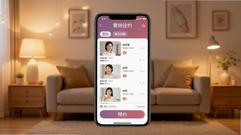 爱尚往约到家APP首页展示,画面中央是一部智能手机,屏幕显示爱尚往约到家软件界面,包含技师列表和预约按钮,背景为温馨的家居环境,暖色调灯光,简洁现代风格,突出便捷上门服务主题