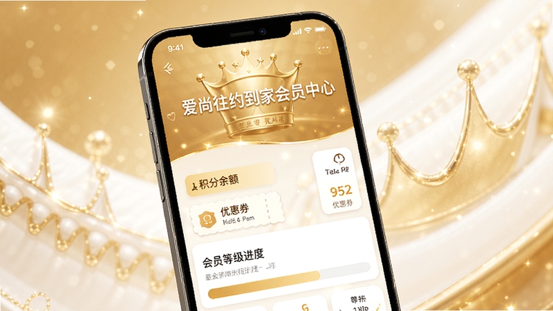 爱尚往约到家会员中心页面,手机屏幕显示积分余额、优惠券和会员等级进度条,背景为金色与白色搭配,突出尊贵感