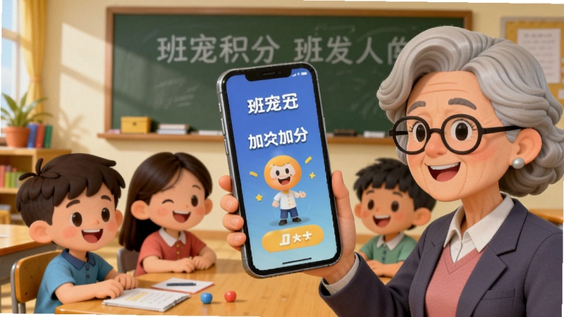 班宠积分 老师手持手机发放积分 屏幕显示加分动画 学生围坐微笑 背景为温馨教室 卡通插画风格 色彩明快 Boogu模型生成