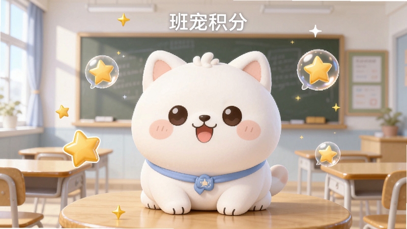 软件名称班宠积分 主界面展示一只圆润可爱的卡通宠物居中 背景为明亮教室场景 周围漂浮着金色星星与积分气泡 整体风格清新治愈 色彩柔和 适配Boogu模型生成