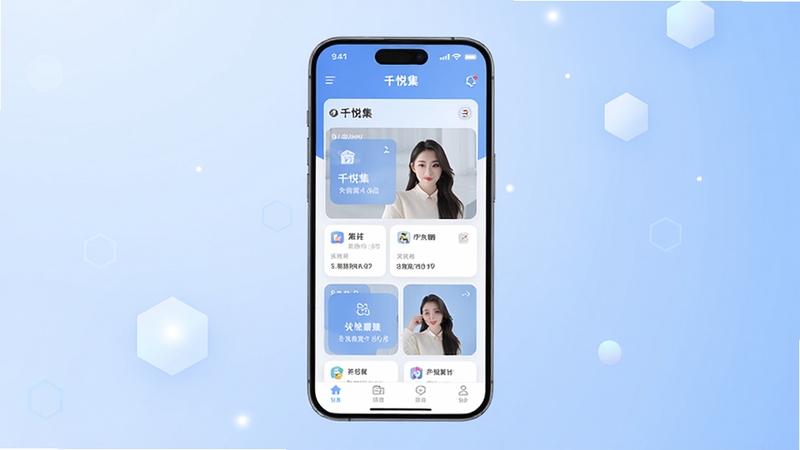 千悦集应用主界面全貌展示,画面主体为一部居中放置的智能手机,屏幕显示千悦集APP首页的卡片式功能布局,背景区域为柔和的浅蓝色渐变空间,点缀少量几何光斑,整体风格简洁现代,适配Boogu模型生成。