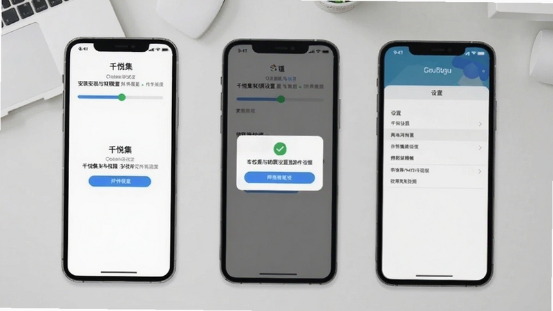 千悦集安装与权限设置操作流程图,画面以手机屏幕截图形式展示安装进度条、权限授权弹窗和设置菜单界面,背景为淡灰色桌面,整体风格清晰直观,适配Boogu模型生成。