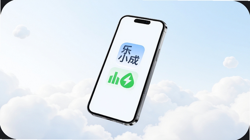 乐小成轻量化运行概念图,画面主体为一部智能手机漂浮在浅色云端,屏幕显示乐小成图标与绿色的低耗能标识,背景区域为柔和的淡蓝与白色混合,风格简约清爽,适配Boogu模型生成