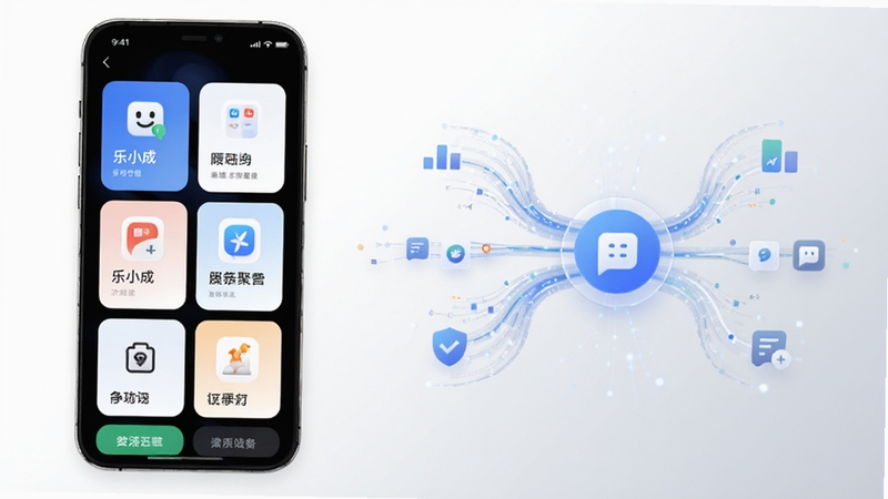 乐小成生活服务聚合功能示意图,画面左侧展示手机屏幕内乐小成的多功能卡片式布局,右侧为抽象化的数据流汇聚到中心图标,背景为干净的白色到浅灰色过渡,科技感与生活感结合,适配Boogu模型生成