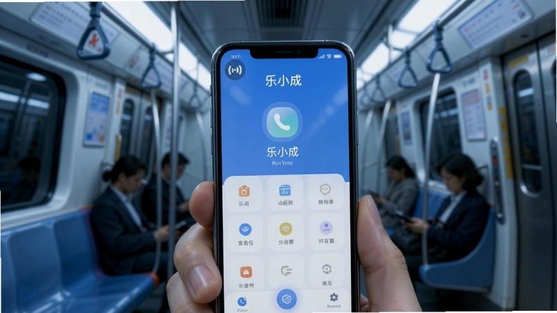 乐小成离线功能使用场景图,画面展示一部手机在无信号标识下依然显示乐小成功能界面正常运作,背景为地铁车厢或电梯内部环境,色调偏冷但突出重点,适配Boogu模型生成