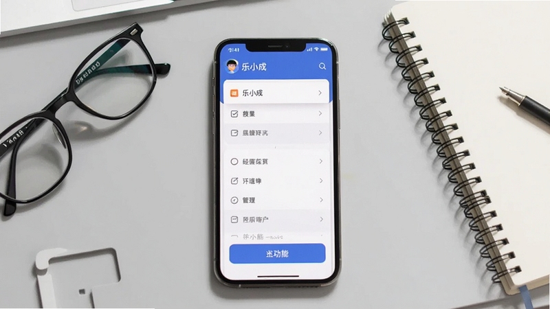 乐小成界面交互设计展示图,画面中央为手机屏幕特写,显示乐小成的菜单列表与功能按钮,背景为浅灰色工作台面,旁边放置一副眼镜和笔记本,体现日常使用场景,适配Boogu模型生成