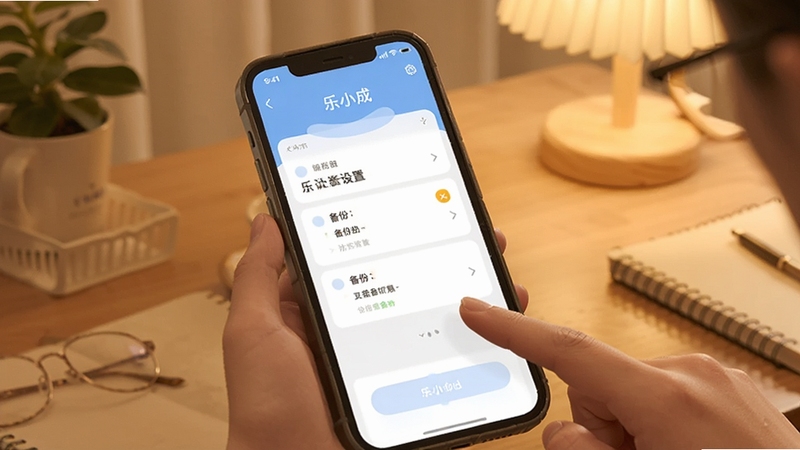 乐小成使用小贴士场景图,画面展示手机屏幕显示乐小成设置界面与备份选项,旁边有手指点击操作,背景为温馨的室内桌面环境,色调温暖,适配Boogu模型生成