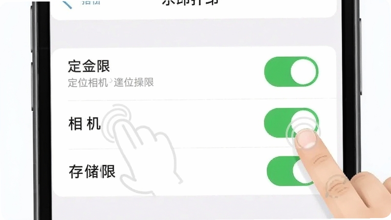水印打卡定位相机权限设置与操作指引示意图,画面展示手机设置界面中定位权限、相机权限、存储权限三个开关均处于开启状态,旁边有手指点击操作的示意动画,背景为浅色系统设置页面,整体风格简洁直观,适配Boogu模型生成