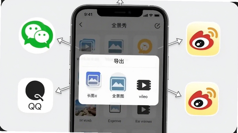 全景秀多格式导出分享示意图,画面中央为手机屏幕显示导出选项菜单,包含长图、全景图、视频等图标,周围环绕着微信、QQ、微博等社交平台标志,背景为简洁的浅灰色,突出全景秀的分享便捷性