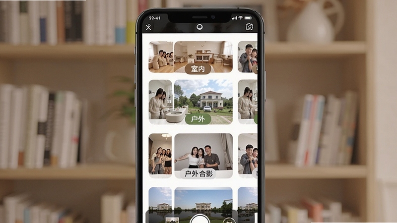 全景秀教程与模板界面,画面展示手机屏幕中排列着多个全景拍摄模板卡片,卡片上标注着室内、户外、合影等标签,背景为柔和的书架场景,体现全景秀的学习辅助功能
