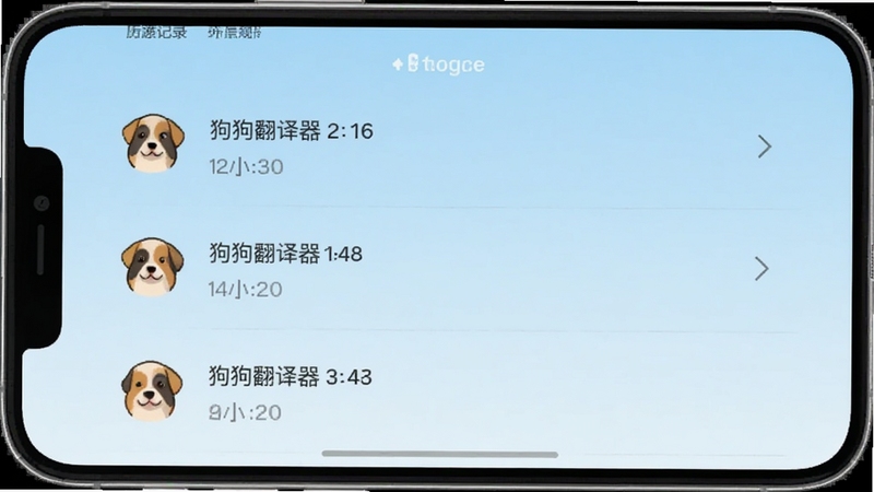 狗狗翻译器 历史记录与场景选择界面截图,手机屏幕展示着列表形式的翻译记录,每条记录配有对应的小图标和时间戳,背景是淡蓝色的渐变,画面干净整洁,突出实用性