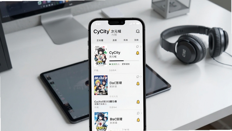 CyCity次元城追番管理功能展示,画面中心是手机屏幕中清晰的追番列表界面,包含动漫封面、更新进度条和提醒铃铛图标,背景为整洁的现代书桌环境,桌面上有平板电脑和耳机,整体风格简约高效