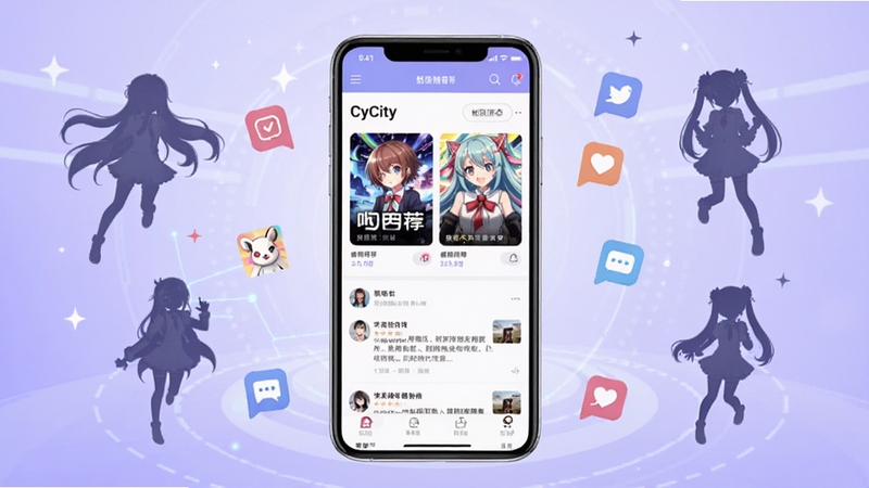 CyCity次元城动漫社区应用主界面展示,中心位置是手机屏幕中呈现的动漫风格首页,包含番剧推荐卡片和社区动态流,背景为浅紫色渐变科技感空间,周围漂浮着动漫角色剪影和社交图标,整体风格清新活泼,适配移动端应用展示场景