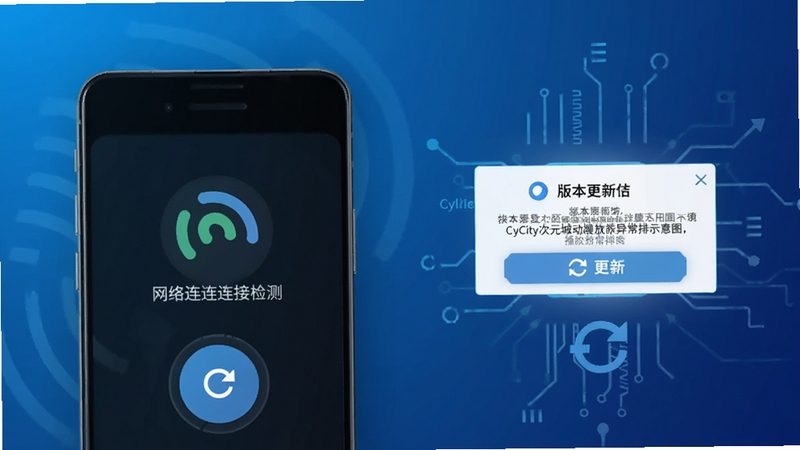 CyCity次元城动漫播放异常排查示意图,手机屏幕显示网络连接检测界面和版本更新提示框,背景为简洁的科技风格蓝色渐变,画面中有信号图标和刷新按钮元素,整体风格清晰直观
