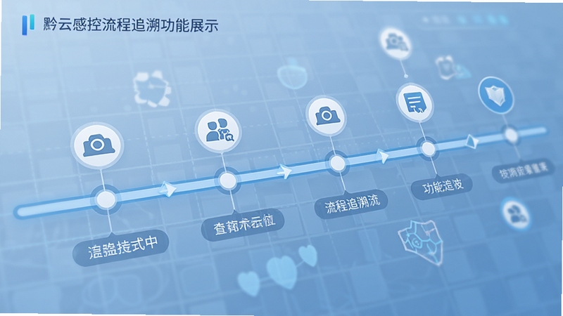 黔云感控流程追溯功能展示,画面呈现一条时间轴式记录链条,节点上有图标和文字标签,背景为淡蓝色数据网格,整体风格简洁商务,突出信息流转与可追溯性,画面主体为时间轴与数据节点,背景虚化处理