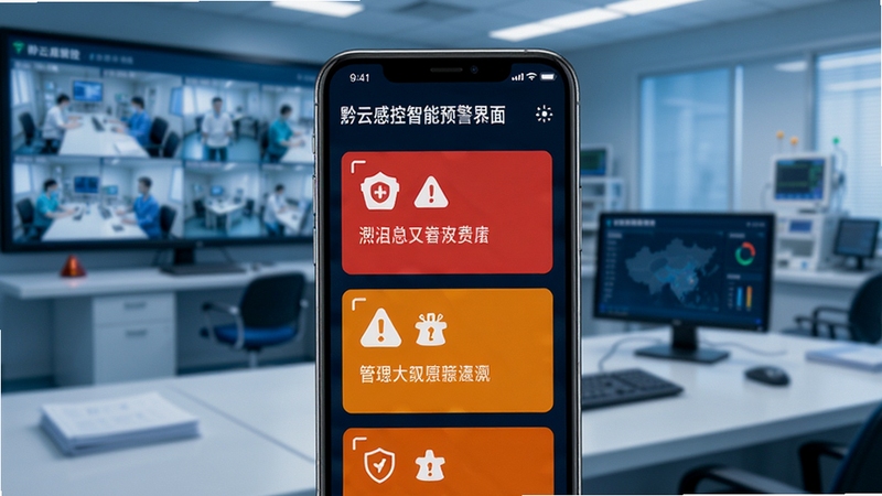 黔云感控智能预警界面,画面中心为手机屏幕显示红色与橙色预警卡片,卡片上有图标和简要文字,背景为医院监控室或办公桌面,整体色调偏冷,突出警示感与科技感,画面主体为手机屏幕,背景简洁不杂乱