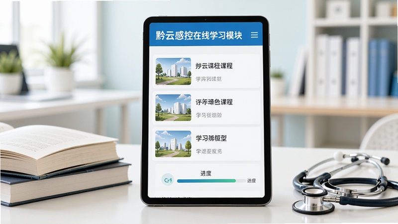 黔云感控在线学习模块界面,画面展示手机或平板屏幕上的课程列表与学习进度条,屏幕旁有书籍和听诊器点缀,背景为明亮的办公学习环境,整体色调清新,突出知识学习与专业培训氛围,画面主体为屏幕内容,背景柔和