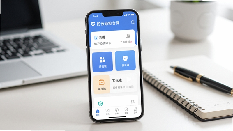 黔云感控官网手机版界面展示,画面为一部智能手机竖屏显示应用首页,首页有底部导航栏和功能卡片,背景为简洁的浅色办公桌面,旁边有笔记本和笔,整体风格清爽现代,突出移动端使用体验,画面主体为手机屏幕,背景柔和虚化