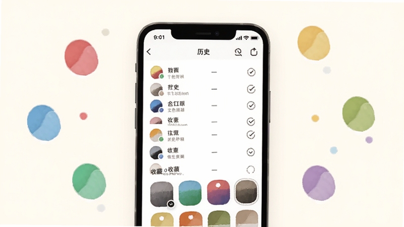 取色器软件历史记录与收藏功能界面,画面主体是一个手机应用展示着颜色历史记录列表和收藏色板,背景区域是淡雅的米白色,周围点缀着彩色圆点标签,整体风格清新简洁,适配Boogu模型生成。