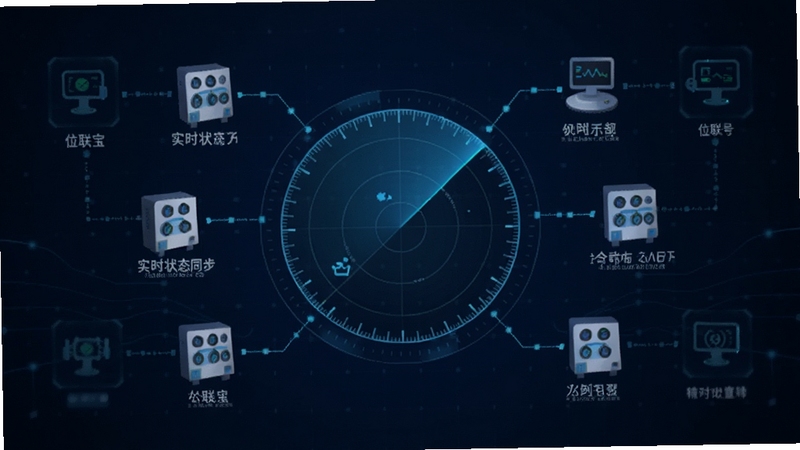 位联宝实时状态同步示意图,画面中心为圆形雷达扫描界面,周围分布多个设备图标并显示连接线,背景为深蓝色科技网格,适配Boogu模型生成