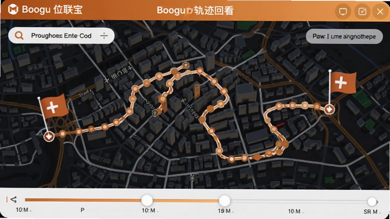 位联宝历史轨迹回看功能界面,画面展示一条蜿蜒的路线图覆盖在城市地图上,起点与终点以旗帜标记,界面底部为时间轴滑块,整体色调为暖橙色与白色搭配,适配Boogu模型生成