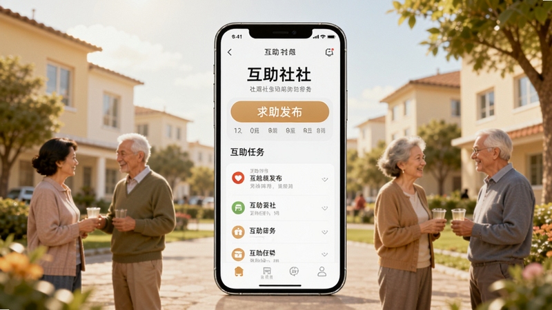 画面中心位置放置一部智能手机,屏幕显示互助社应用主界面,界面包含求助发布按钮和互助任务列表,背景为温暖的社区场景,有楼房、绿树和几位正在交谈的居民,整体色调明亮柔和,突出互助社的社区服务氛围,画面比例适合横版展示