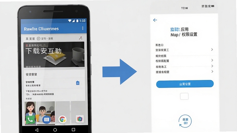 互助社移动端使用教程示意图,画面左侧为安卓手机安装界面,右侧为应用权限设置页面,中间用箭头连接,背景为浅灰色,突出互助社下载安装和权限配置步骤,风格简洁明了