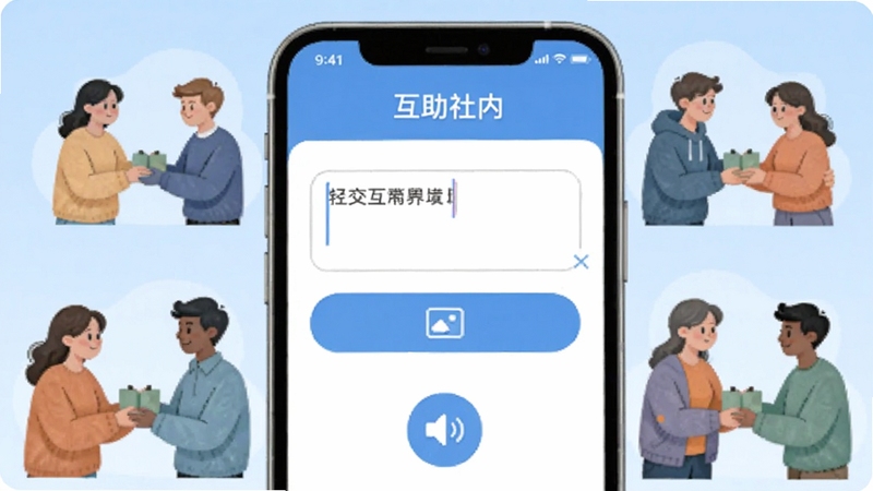 互助社应用内发布求助界面特写,手机屏幕显示文字输入框、图片上传按钮和语音录制图标,界面设计简洁清晰,周围环绕社区邻里互帮互助的插画元素,背景为淡蓝色渐变,突出互助社的便捷发布功能