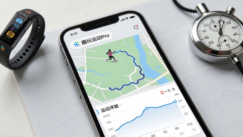 趣玩运动Pro 运动数据记录界面,手机屏幕展示跑步轨迹地图与配速曲线图,背景为浅灰色运动风格,画面主体为手机界面特写,周围点缀运动手环与秒表元素,整体风格专业简洁,适配Boogu模型生成