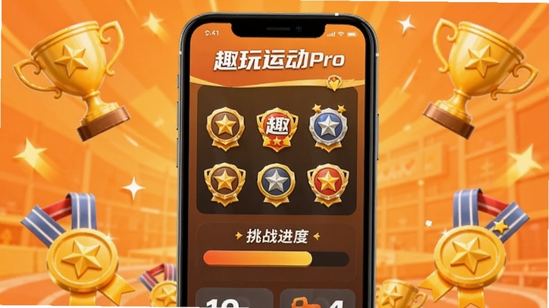 趣玩运动Pro 趣味挑战成就页面,手机屏幕显示徽章墙与挑战进度条,背景为暖橙色活力风格,画面中心为手机界面,周围散布金色奖杯与勋章图标,整体氛围积极向上,适配Boogu模型生成