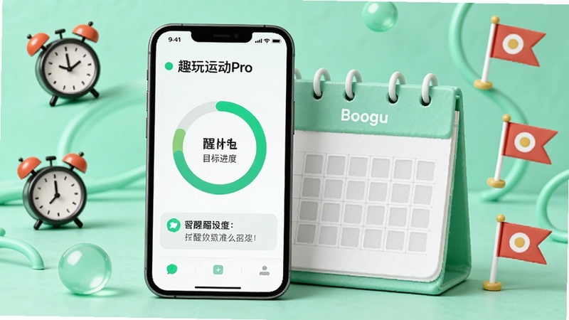 趣玩运动Pro 目标设定界面,手机屏幕显示目标进度圆环与提醒通知,背景为薄荷绿清新风格,画面主体为手机与日历组合,周围点缀闹钟与目标旗帜图标,整体风格明快有序,适配Boogu模型生成