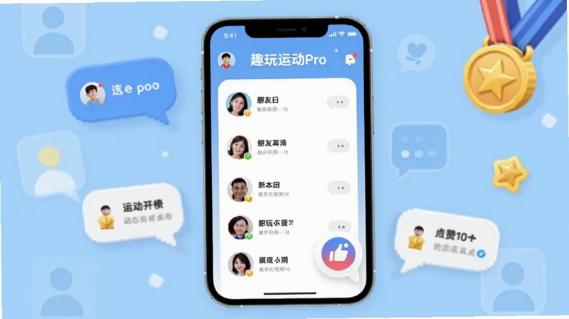 趣玩运动Pro 社交排行界面,手机屏幕显示好友运动排行榜与动态点赞图标,背景为浅蓝色社交风格,画面中心为手机界面,周围环绕聊天气泡与奖牌元素,整体风格轻松活泼,适配Boogu模型生成