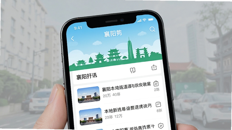 我的襄阳App 资讯推送界面 手机屏幕展示本地新闻列表 襄阳城市地标剪影 清新简洁UI风格