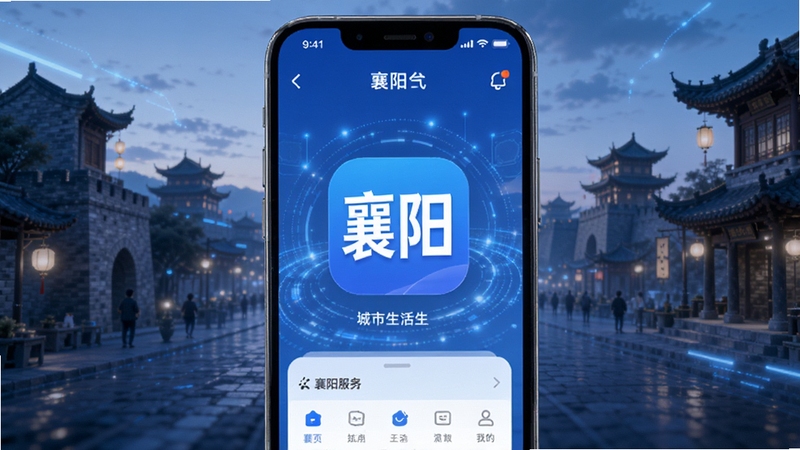 我的襄阳App 城市生活服务综合平台 手机应用界面展示 襄阳古城背景 现代科技感 蓝色主色调 高清细节