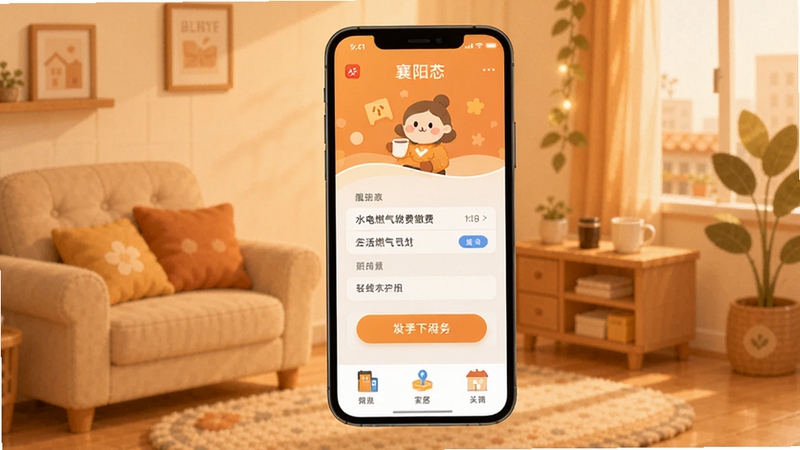 我的襄阳App 生活缴费功能界面 手机展示水电燃气缴费页面 温暖家居氛围 扁平化设计风格