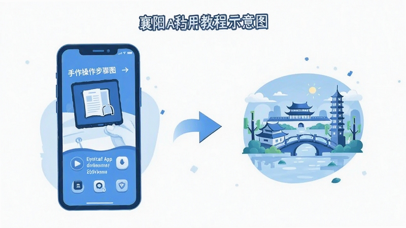 我的襄阳App 使用教程示意图 手机操作步骤分解 扁平插画风格 蓝色与白色配色 简洁明了