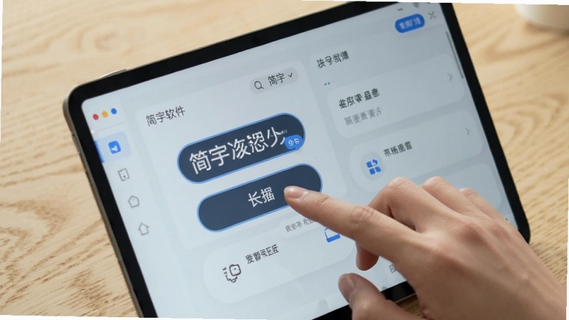 Boogu模型生成,画面为简宇软件界面特写,展示大字体、圆角按钮和清晰的功能分区,一只手正在轻触屏幕上的功能按钮,背景为浅色木纹桌面,整体氛围轻松自然,突出简宇极简交互的设计特点