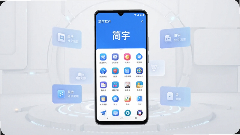 Boogu模型生成,画面主体为一部安卓手机屏幕中央显示简宇软件主界面,界面以蓝白配色为主,图标排列整齐,背景为浅灰色科技感渐变空间,周围漂浮少量半透明功能卡片,整体风格干净清爽,突出简宇移动端应用的核心视觉形象